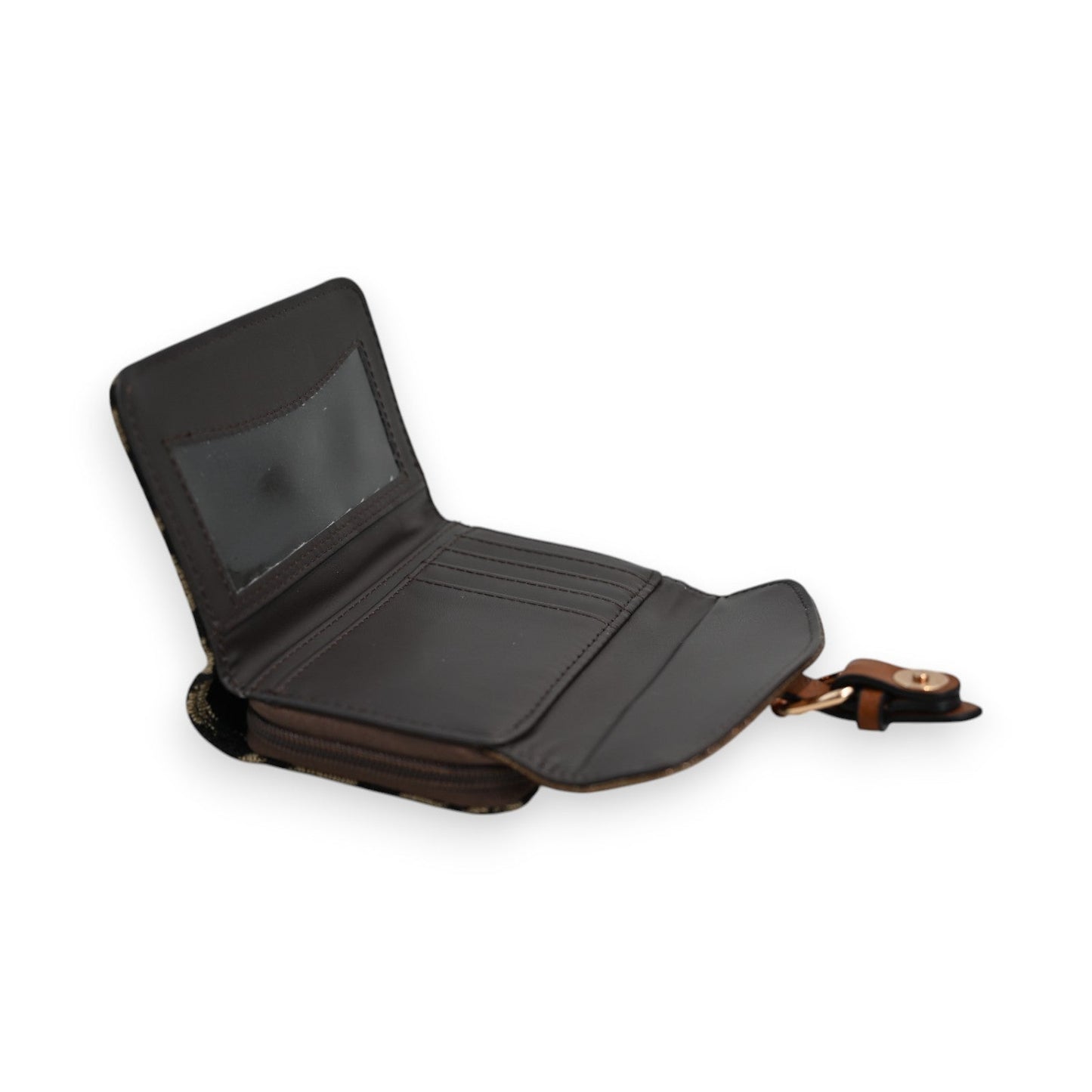 Elegantes Portemonnaie in Bronze mit Leopardenmuster, geöffnet mit Kartenfächern und Reißverschluss, Marke Melanie Paris