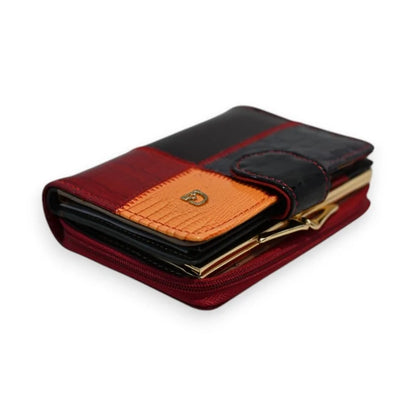 Hochwertige Leder-Geldbörse im dreifarbigen Patchwork-Design in Schwarz, Rot und Orange mit Verschluss