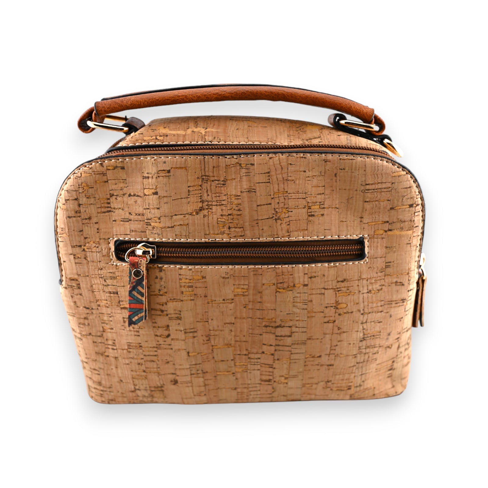 Quadratische Korktasche mit Reißverschluss und Ledergriffen, natürliche Textur, Front-Reißverschlusstasche, umweltfreundli...