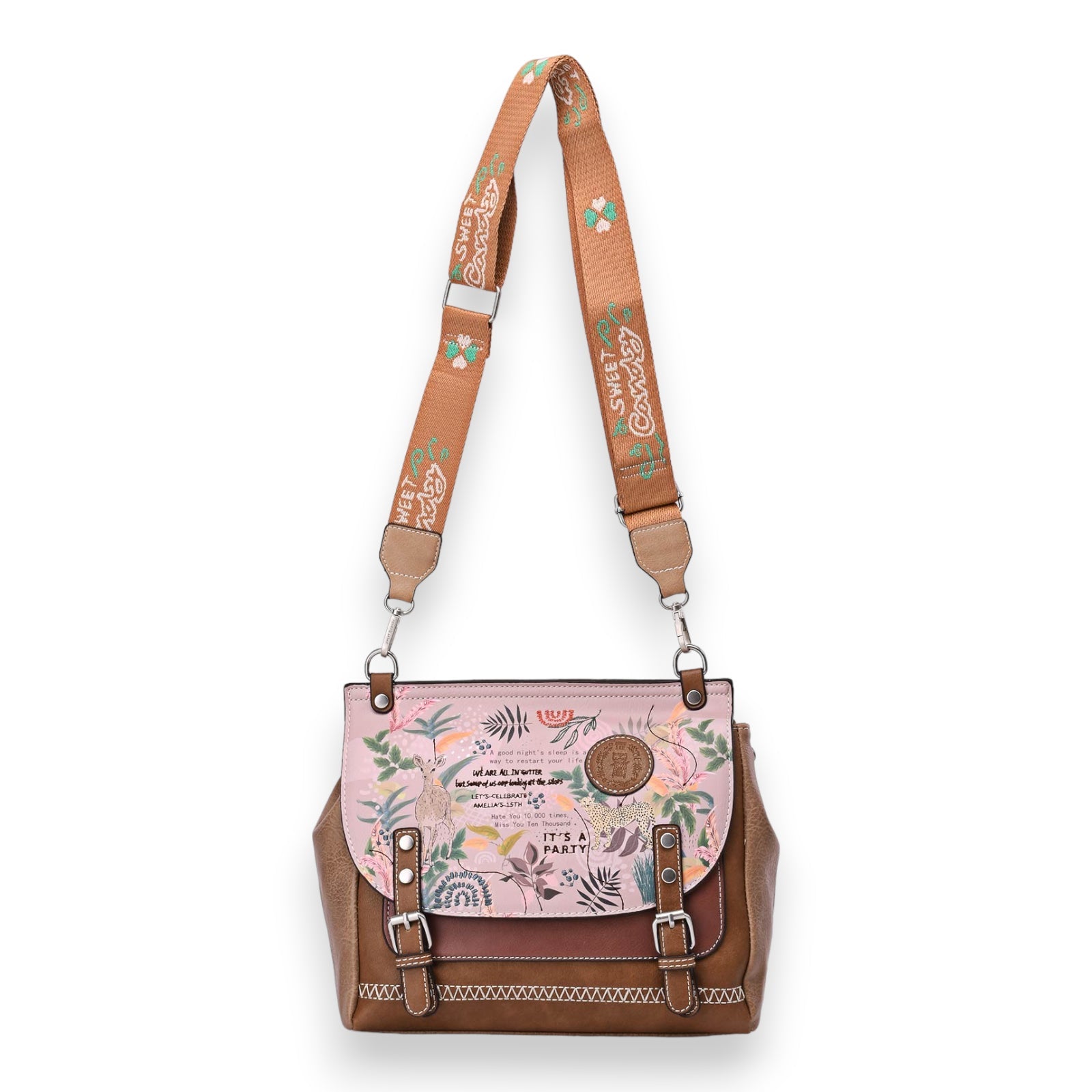 Quadratische Umhängetasche Schultasche Sweet & Candy in Rosa und Braun