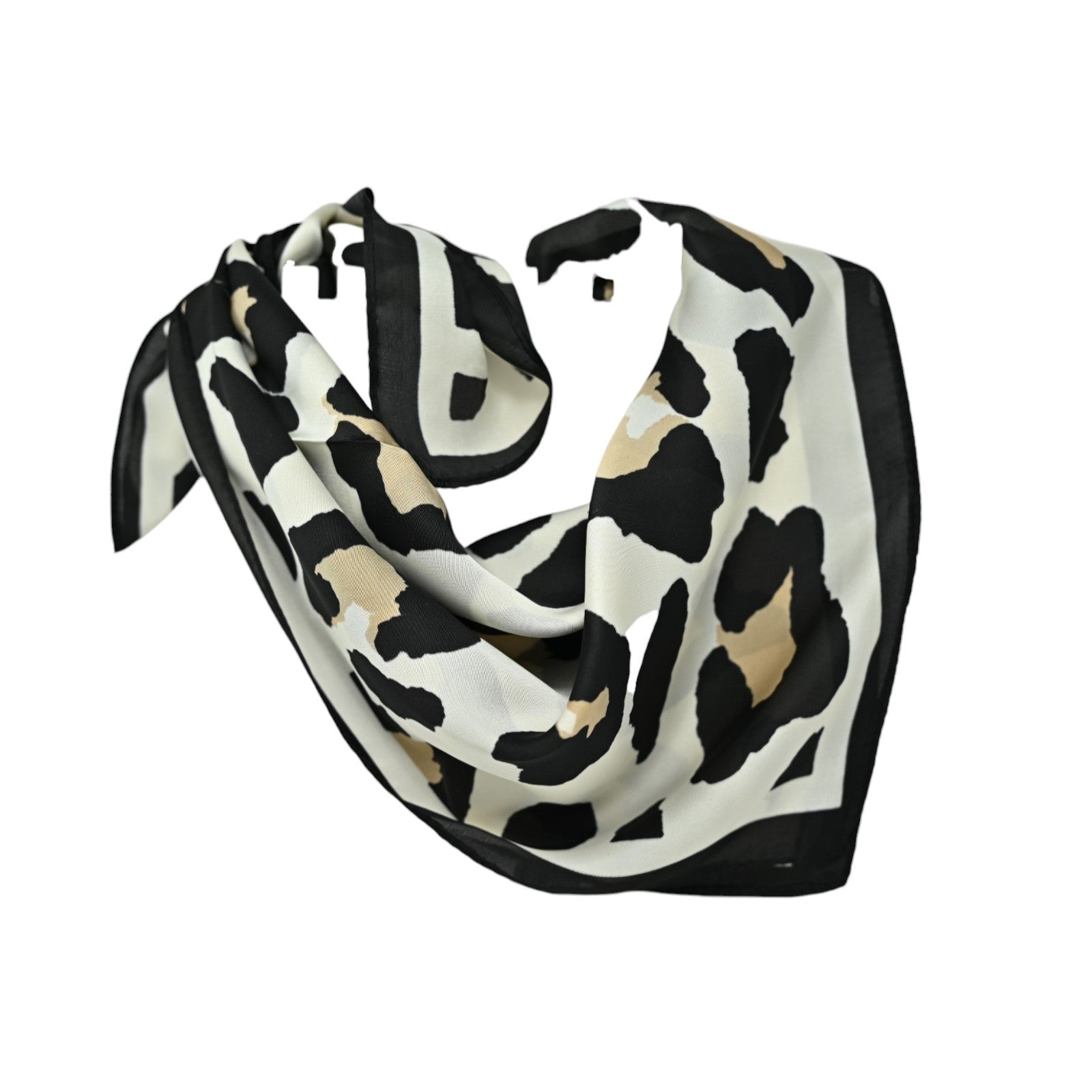 Quadratischer Seidenschal mit Leopardenmuster in Schwarz, Weiß und Beige, elegant drapiert