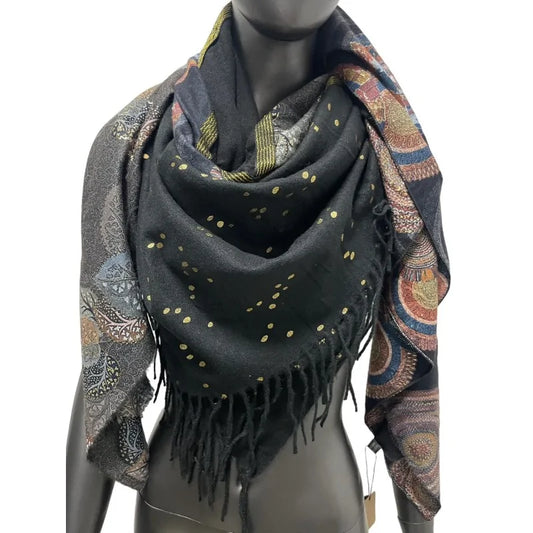 Quadratischer Schal 4-seitig Fleece Abschlüsse Fransen und goldene Details