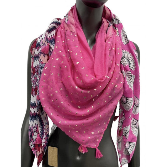 Quadratisches Patchwork-Tuch mit Blumendruck und Pfauenfeder, in Fuchsia