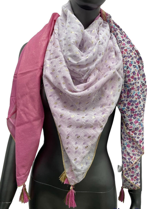 Quadratisches Patchwork-Tuch mit Liberty-Druck und rosa Fächer