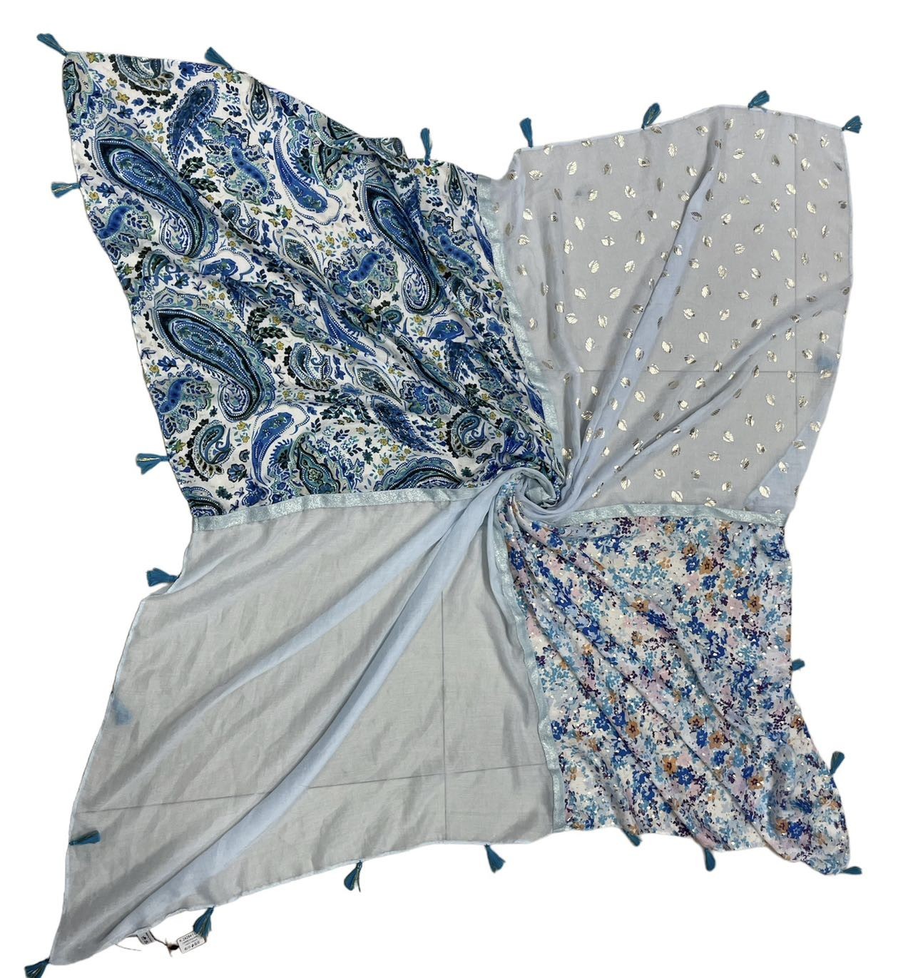 Quadratisches Tuch mit Patchwork-Muster: Kaschmir- und Liberty-Motive in Blau, Paisley, Blumen und Punkten, Quasten