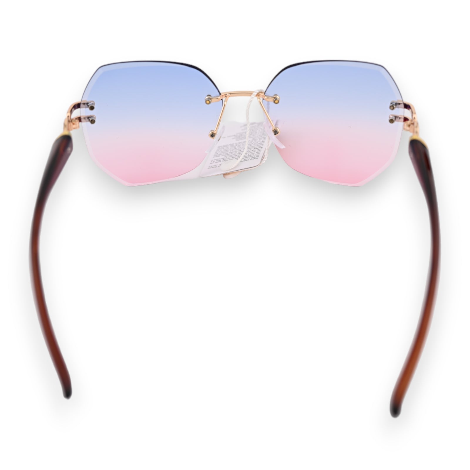 Randlose Sonnenbrille mit blau-rosa verlaufenden Gläsern, goldenen Bügeln und braunen Brillengestellen