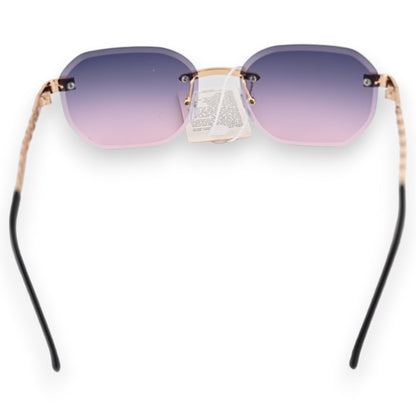 Stylische Sonnenbrille mit rahmenlosem Farbverlauf-Glas von lila zu rosa, goldenen Bügeln und schwarzen Enden