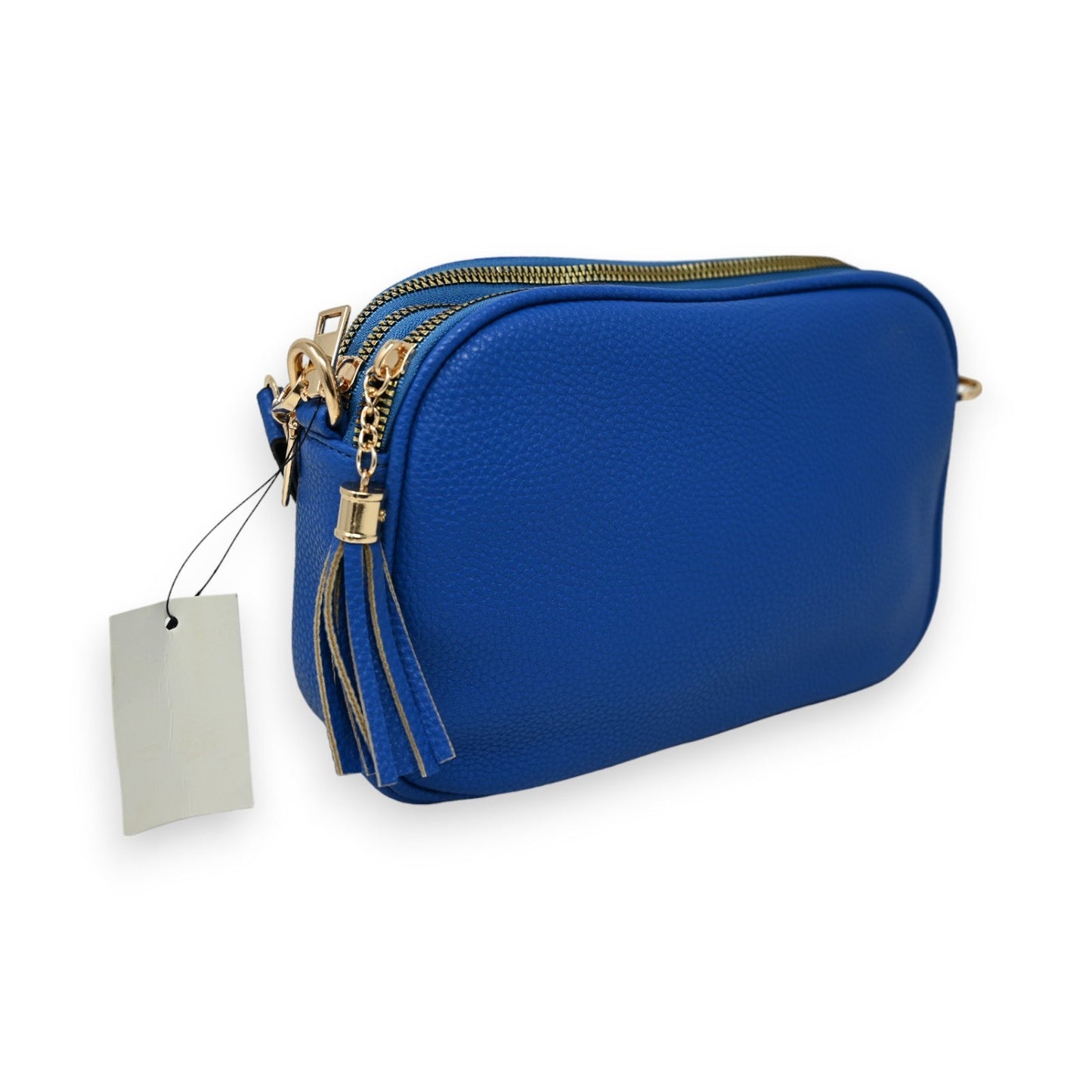 Rechteckige königsblaue Umhängetasche mit Reißverschlüssen, Quaste und Preisschild, elegantes Design in Lederoptik