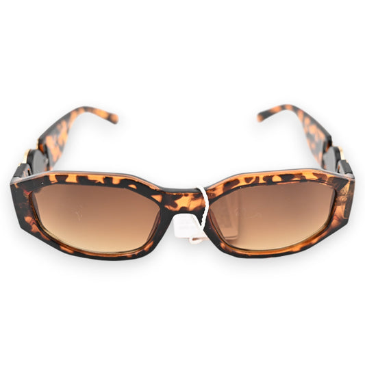 Rechteckige Sonnenbrille mit Leopardenmuster, braunen Gläsern und goldenen Verzierungen an den Bügeln