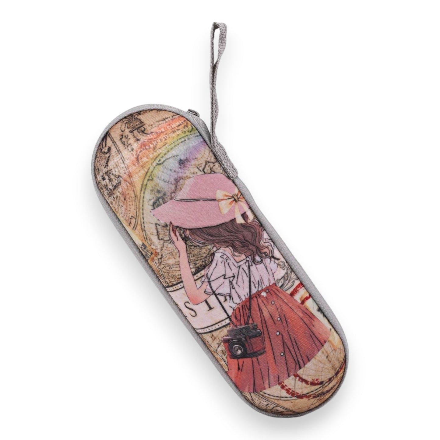 Bunter Regenschirm-Etui mit Mädchen-Illustration, rosa Hut, roter Rock, Kamera, Reisemotiv und Regenbogen