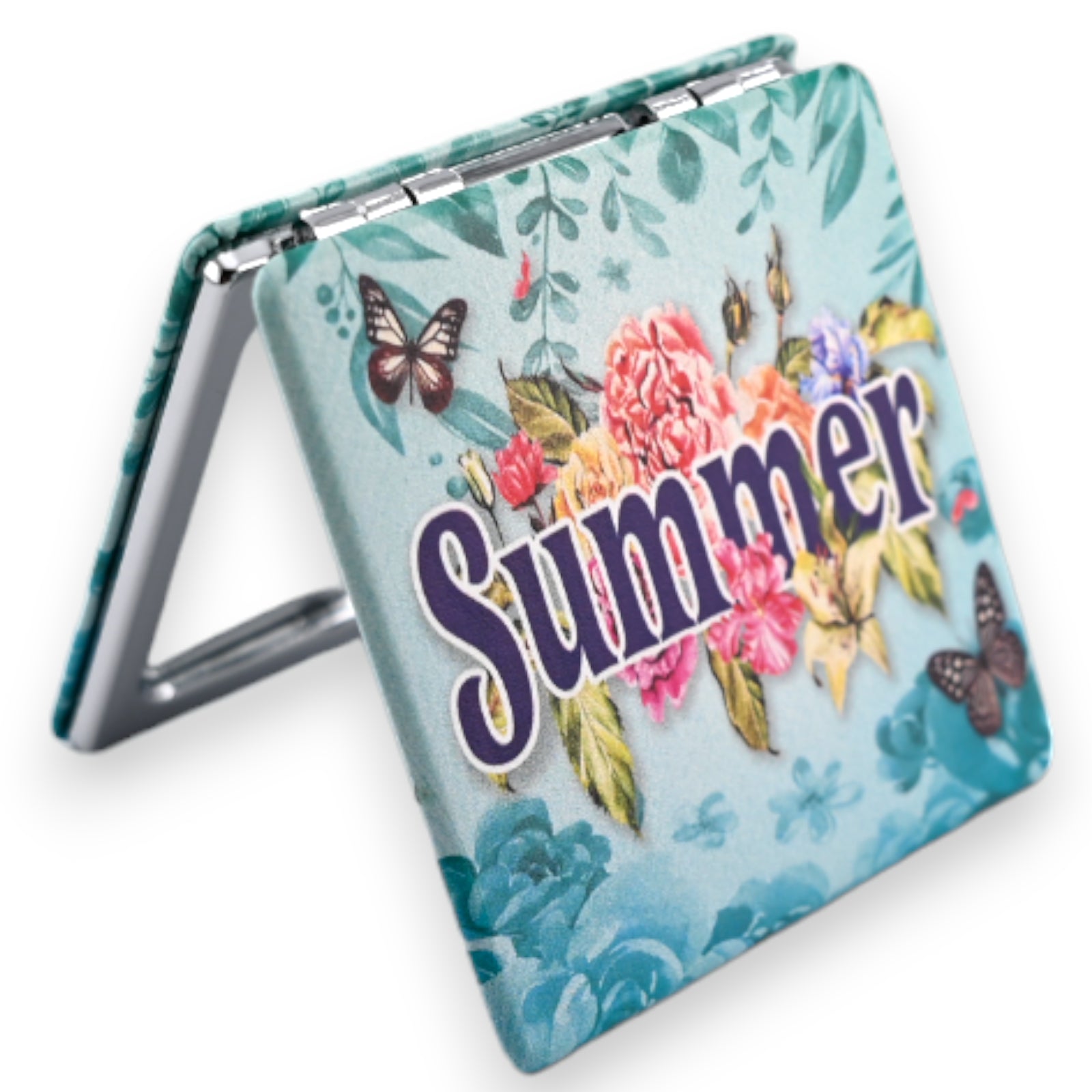 Kompakter Klappspiegel mit sommerlichem Blumenmuster, Schmetterlingen und 'Summer'-Schriftzug auf türkisem Hintergrund