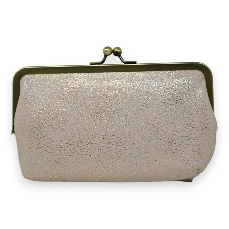 Retro-Geldbörse mit goldenem Verschluss, glänzende Champagner-Farbe, eleganter Vintage-Stil