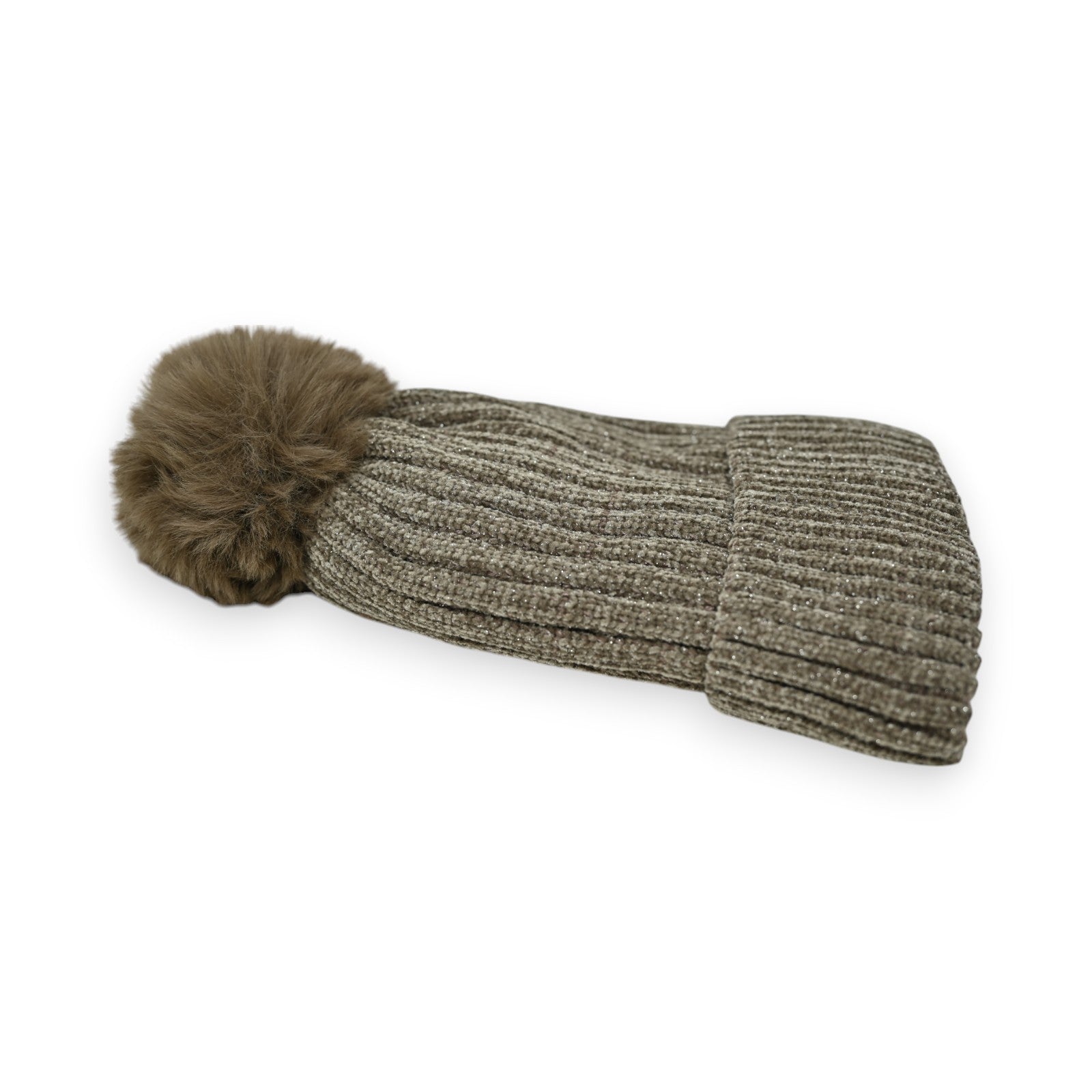 Warme Rippensamt-Mütze in Taupe mit flauschigem Bommel, gestrickt und mit Fleecefutter für Winterkomfort