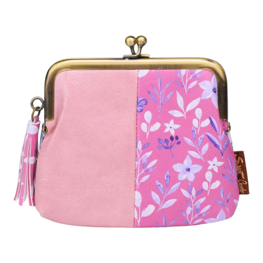Kleine rosa Geldbörse mit Blumenmuster, Metallverschluss und Quaste, zweifarbiges Design in Rosa und Pink
