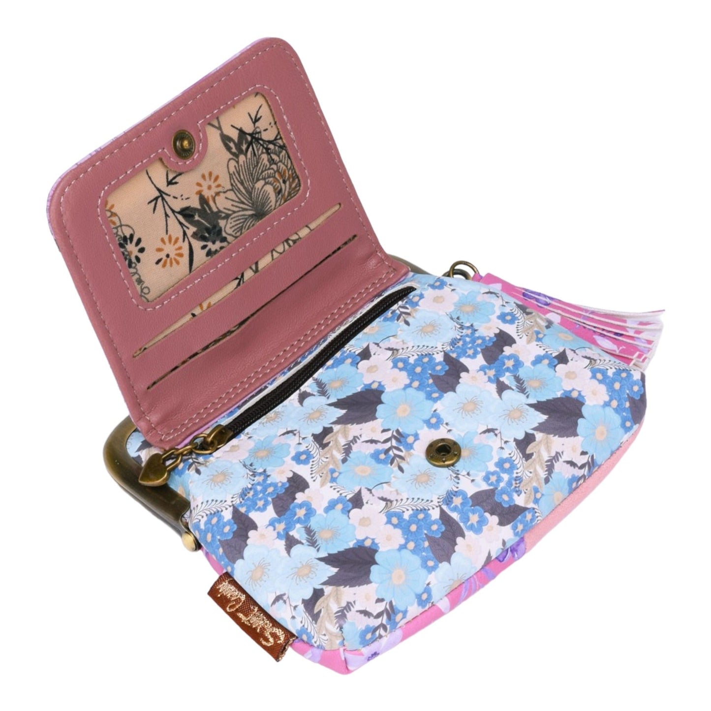 Bunte Geldbörse mit rosa Innenfutter und blauem Blumenmuster außen, Reißverschluss und Kartenfächern, Vintage-Stil