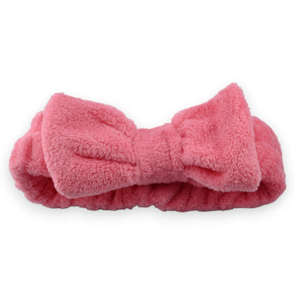 Flauschige pinkfarbene Kosmetik-Stirnbinde mit Schleife für Frauen, Make-up-Haarband aus weichem Plüsch