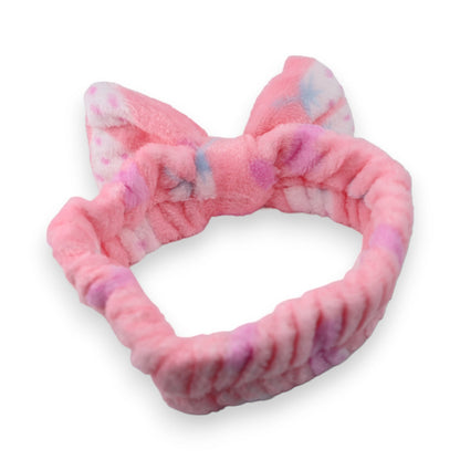 Rosa, flauschiges Haarband mit Schleife, Tie-Dye-Effekt in Pink und Lila, weiches Stirnband für Kosmetik und Haarpflege