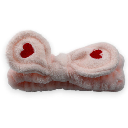 Flauschiges rosa Kosmetik-Stirnband mit roten Herzen, weiches Plüschmaterial, elastisch für Haarpflege und Make-up
