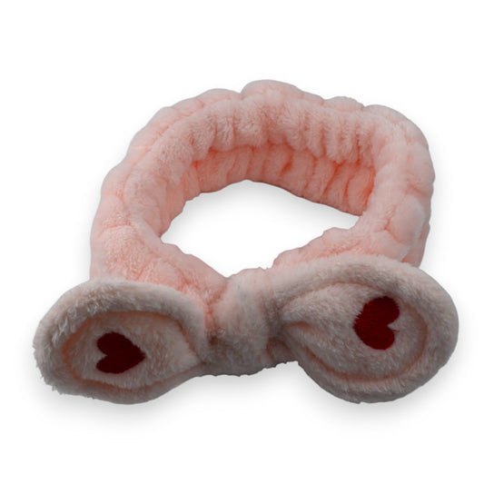Flauschiges rosa Kosmetik-Stirnband mit weißer Schleife und roten Herzen, für Make-up und Hautpflege