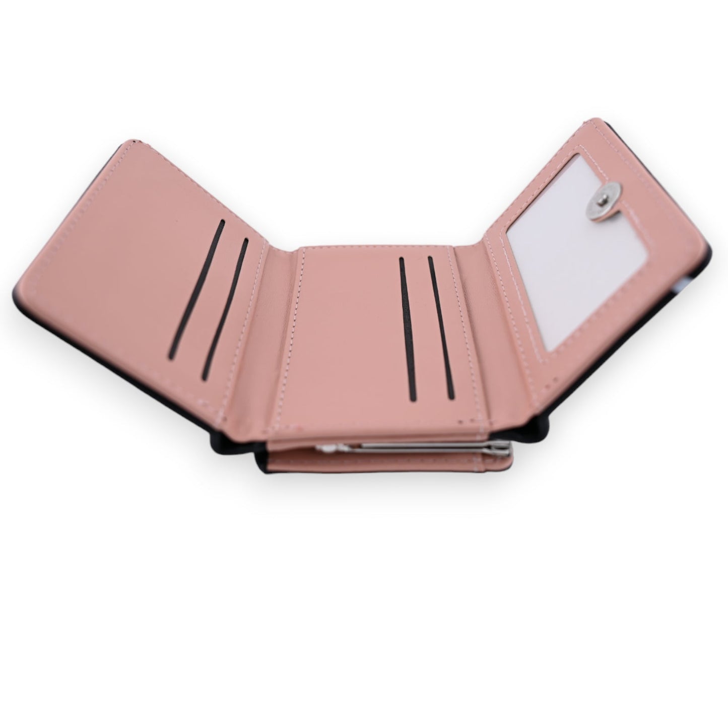 Rosa Trifold-Geldbörse mit mehreren Kartenfächern und Münzfach, geöffnet präsentiert auf weißem Hintergrund