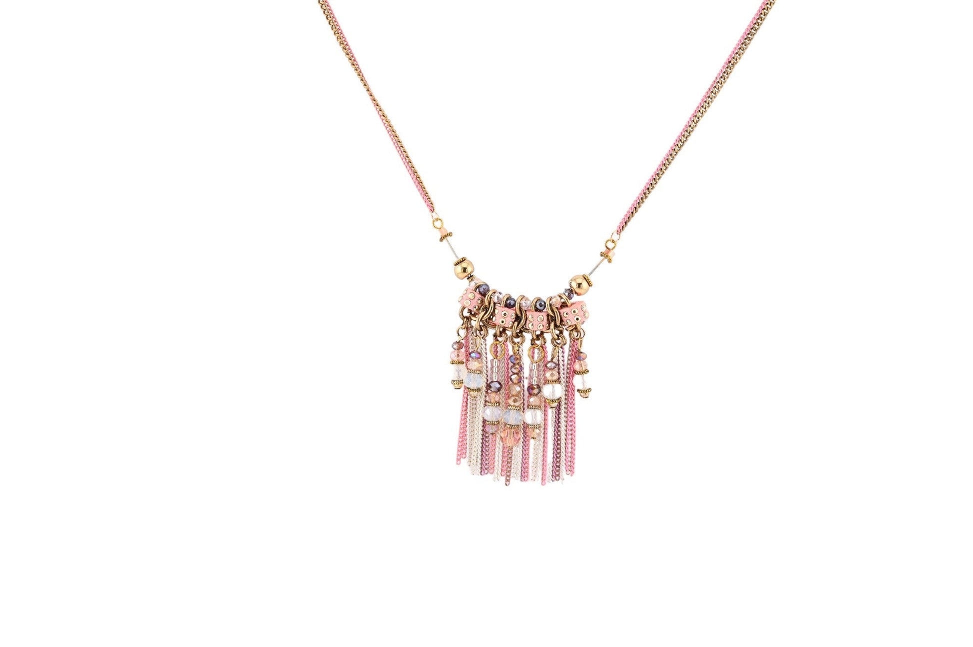 Modische Quastenkette in Rosa und Gold mit Perlen und Anhängern, eleganter Schmuck von Ikita