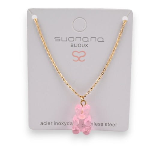 Edelstahlhalskette mit einem rosa transparenten Bonbon-Bären