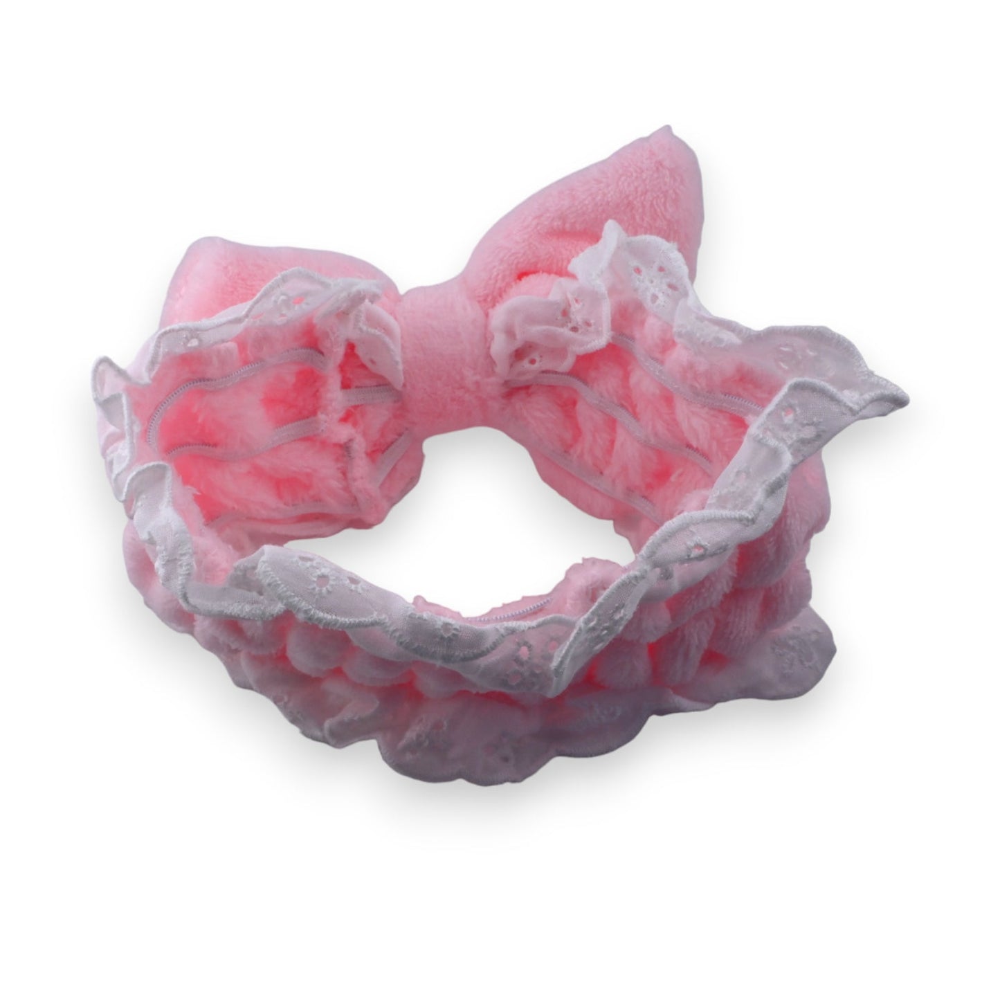 Rosafarbener Haarreif mit weißer Spitzenverzierung, flauschig und elegant, für Damen geeignet