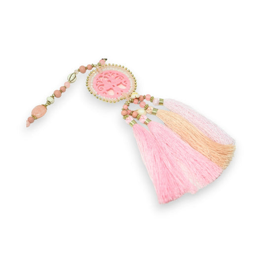 Rosafarbene Halskette mit Medaillon und Lebensbaum-Motiv, Perlen und Quasten in Pastelltönen, romantischer Schmuck