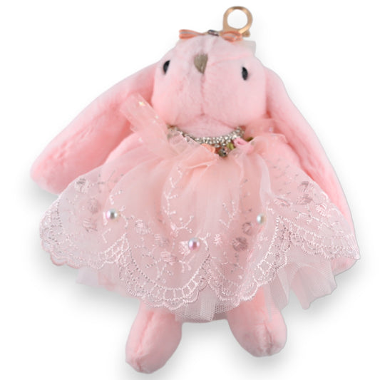 Rosa Plüsch-Häschen als Schlüsselanhänger mit Spitzenkleid und Schmuckkette, Shabby-Chic-Stil, niedliches Accessoire