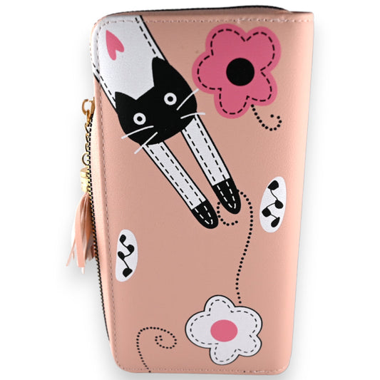 Süßes rosa Portemonnaie mit Katzenmotiv, Blumen und Musiknoten. Stylisches Damen-Accessoire mit Reißverschluss und Quaste.