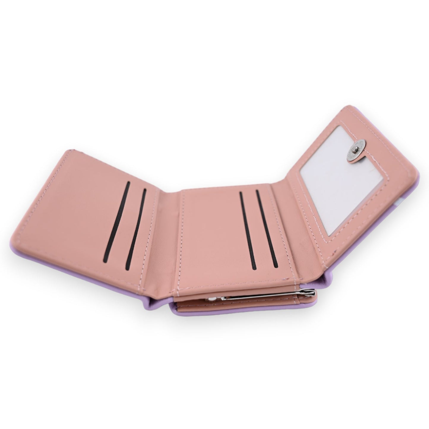 Rosa Kompaktbrieftasche mit Kartenfächern und Sichtfenster, aufgeklappt gezeigt. Elegantes Design in Pastellfarben.