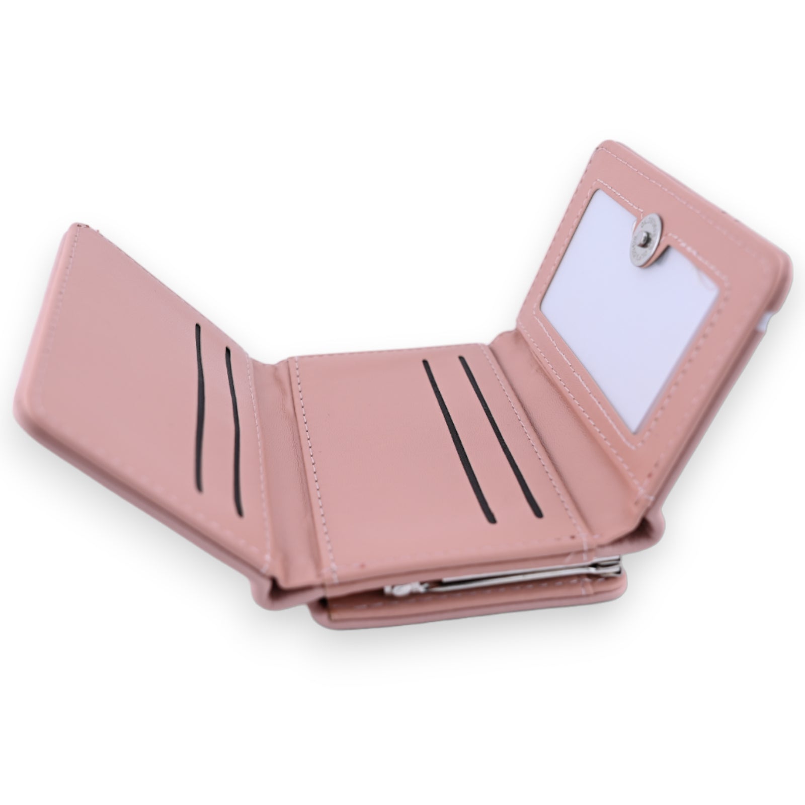 Kleines rosa Portemonnaie mit Kartenfächern und Sichtfenster, kompakt gefaltet, aus weichem Leder für Münzen und Scheine