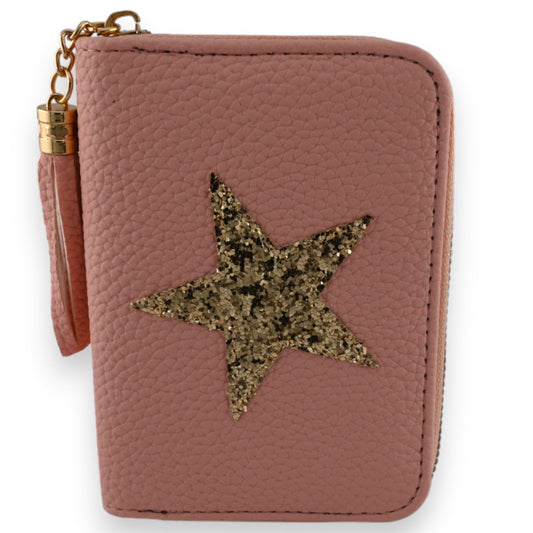Rosa Leder-Geldbörse mit goldenem Glitzer-Stern, Reißverschluss und Kettenanhänger, kompaktes Design