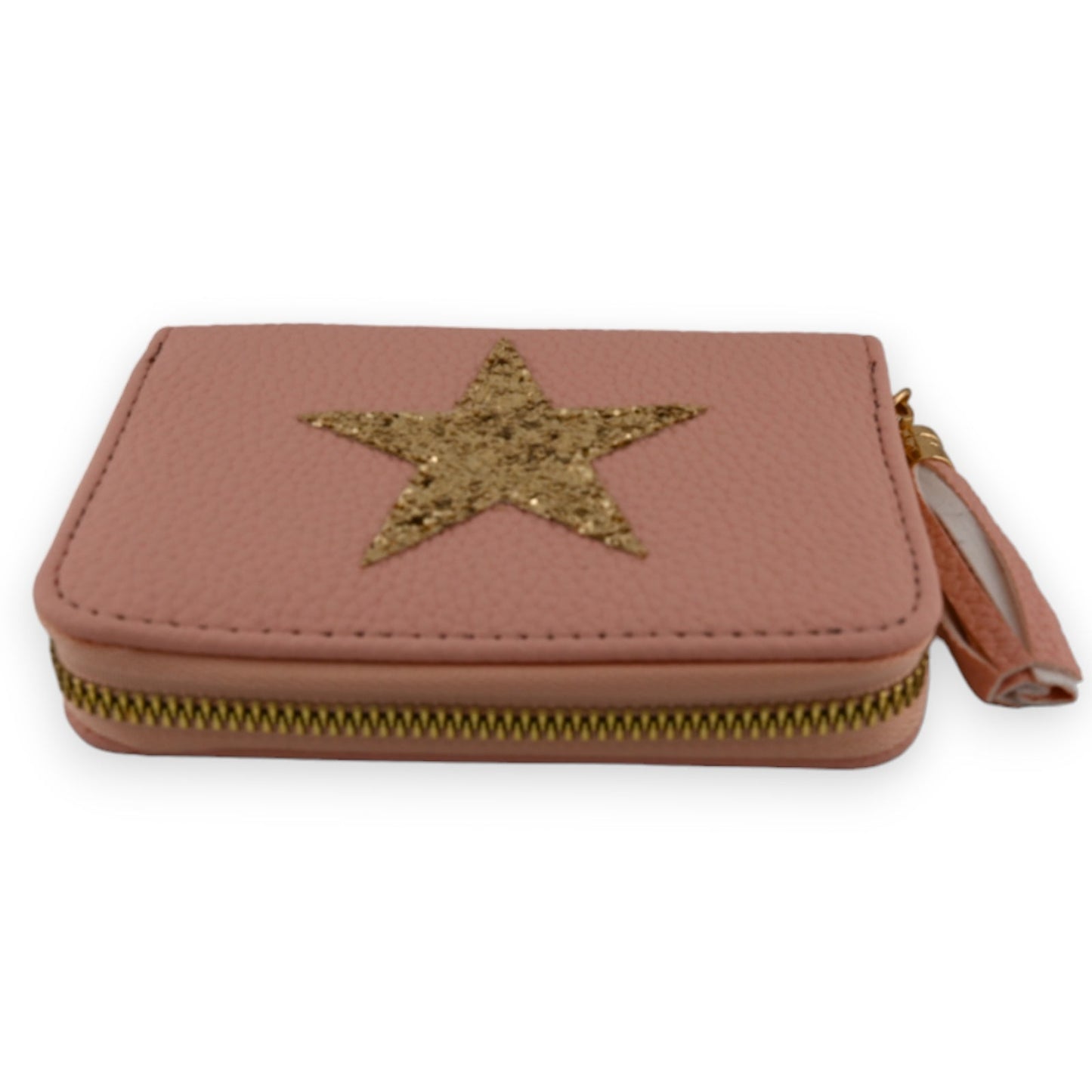 Rosa Leder-Geldbörse mit goldenem Glitzer-Stern, Reißverschluss und Handschlaufe, kompakte Damen-Brieftasche