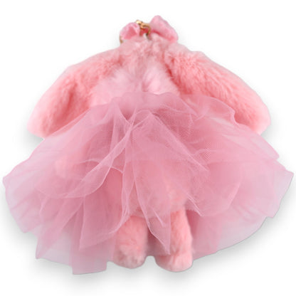 Flauschiger rosa Hasen-Schlüsselanhänger mit Tüllrock und Schleife, süßes Accessoire im Shabby-Chic-Stil