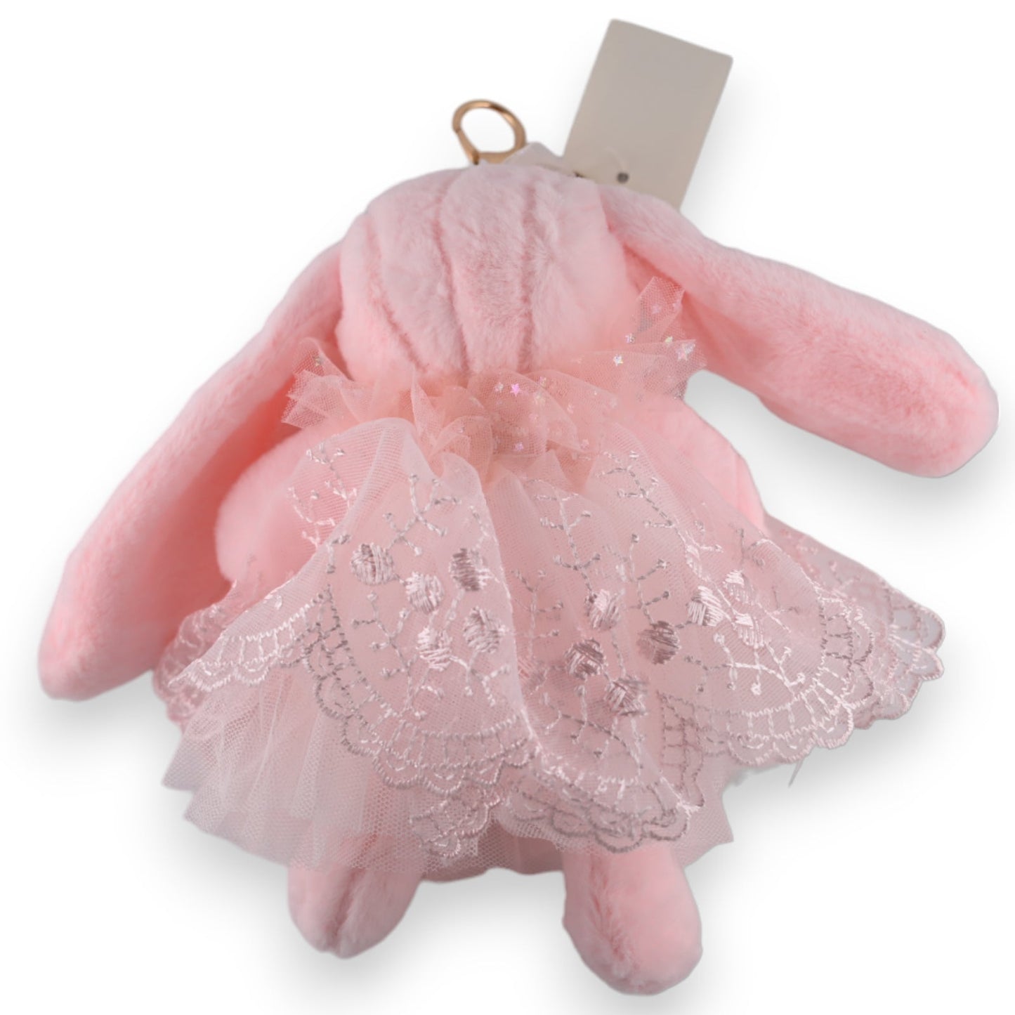 Rosa Plüschhase mit Spitzenkleid als Schlüsselanhänger im Shabby-Chic-Stil, dekoratives Accessoire für Taschen