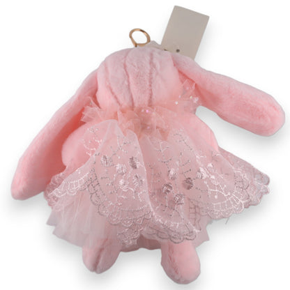Rosa Plüschhase mit Spitzenkleid als Schlüsselanhänger im Shabby-Chic-Stil, dekoratives Accessoire für Taschen