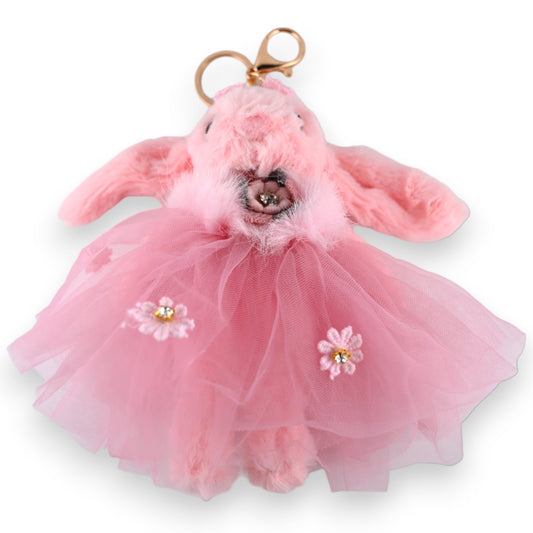 Niedlicher rosa Plüsch-Hase als Schlüsselanhänger mit Tüllkleid und Blumenverzierungen, perfekt für Taschen oder Schlüssel