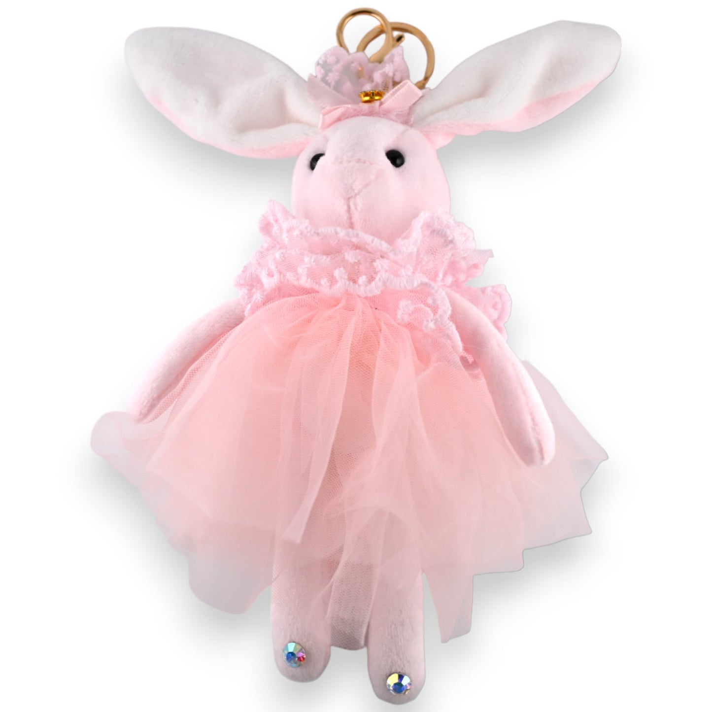 Niedlicher rosa Plüsch-Kaninchen-Schlüsselanhänger mit Tüllkleid, großen Ohren und glitzernden Füßen im Shabby-Chic-Stil