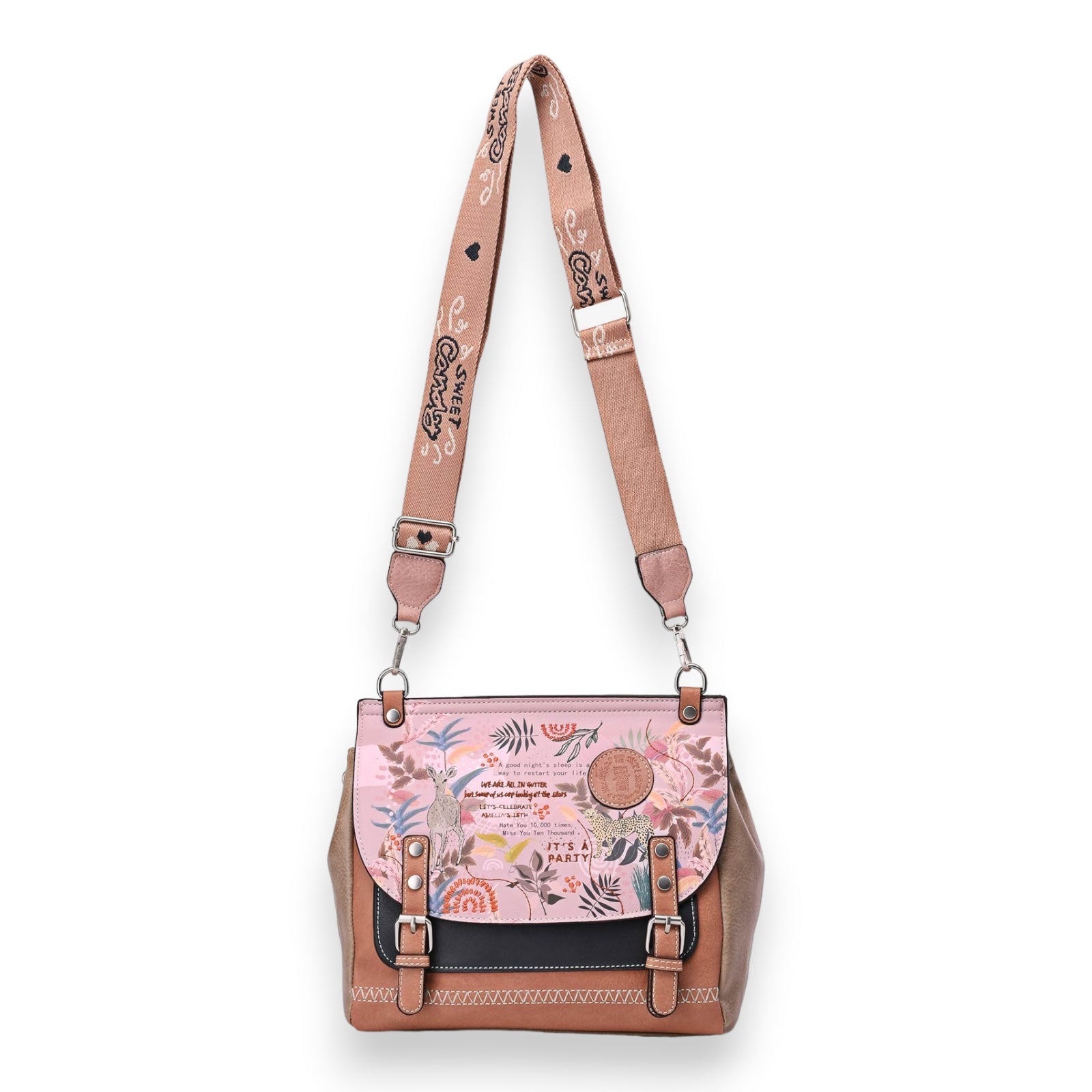 Quadratische Umhängetasche Schultasche Sweet & Candy in Rosa und Schwarz