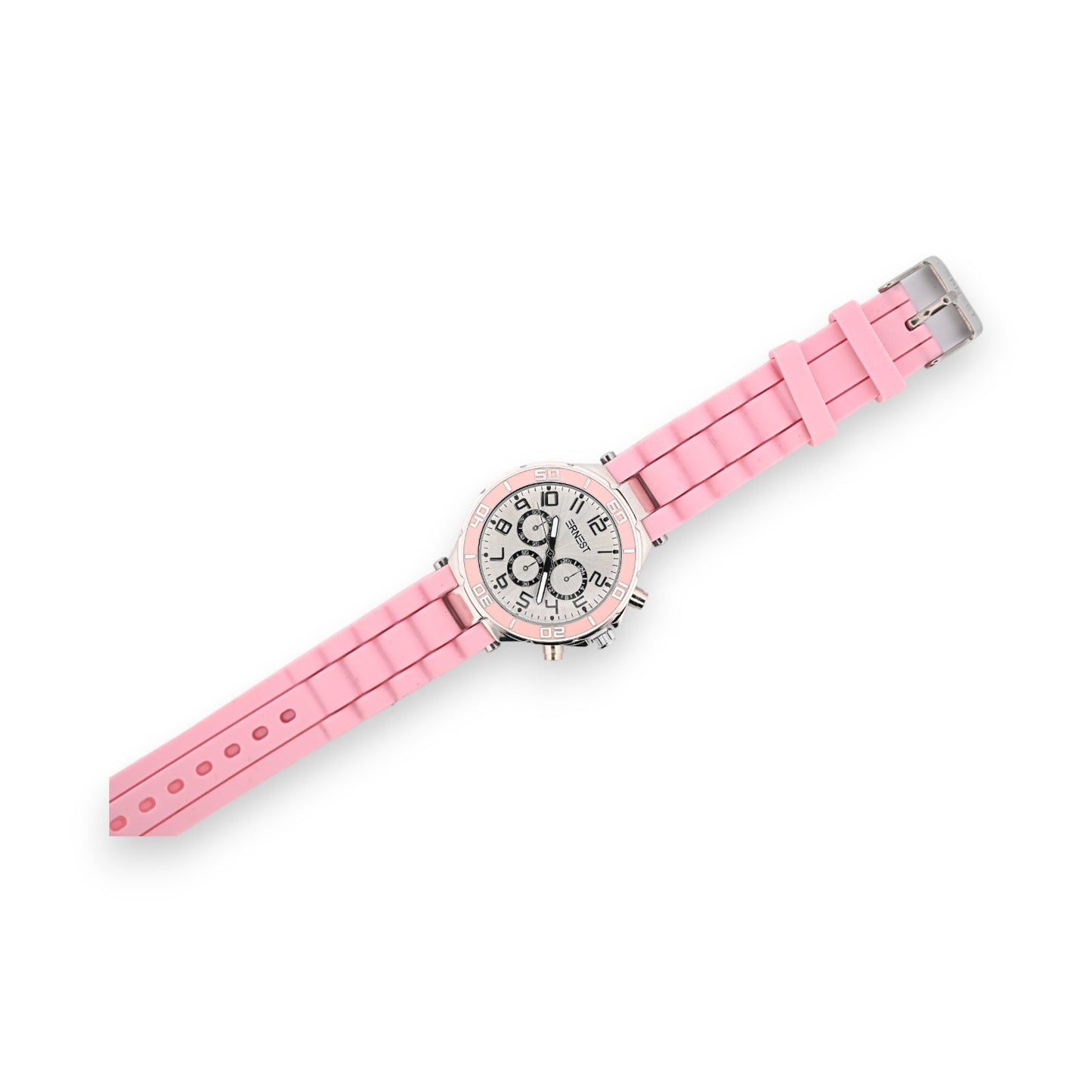 Rosafarbene Silikonuhr mit rundem Zifferblatt, silbernem Gehäuse und Chronographen-Funktion auf weißem Hintergrund