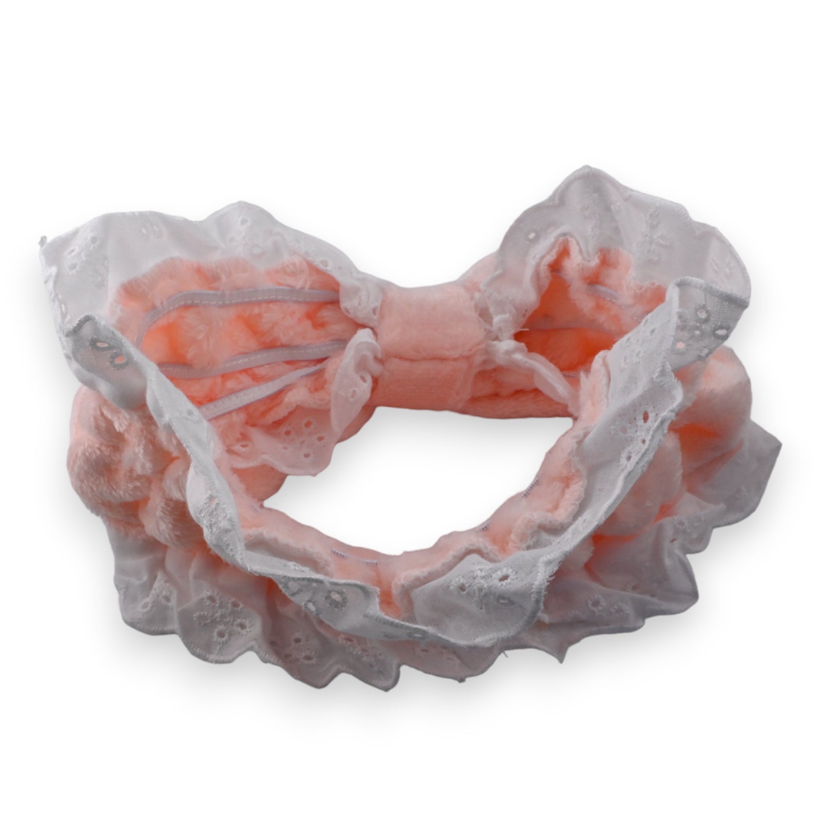 Zartes rosa Stirnband mit weißer Spitze und Stickerei, elegant gefaltet für Damen-Haarschmuck und Make-up