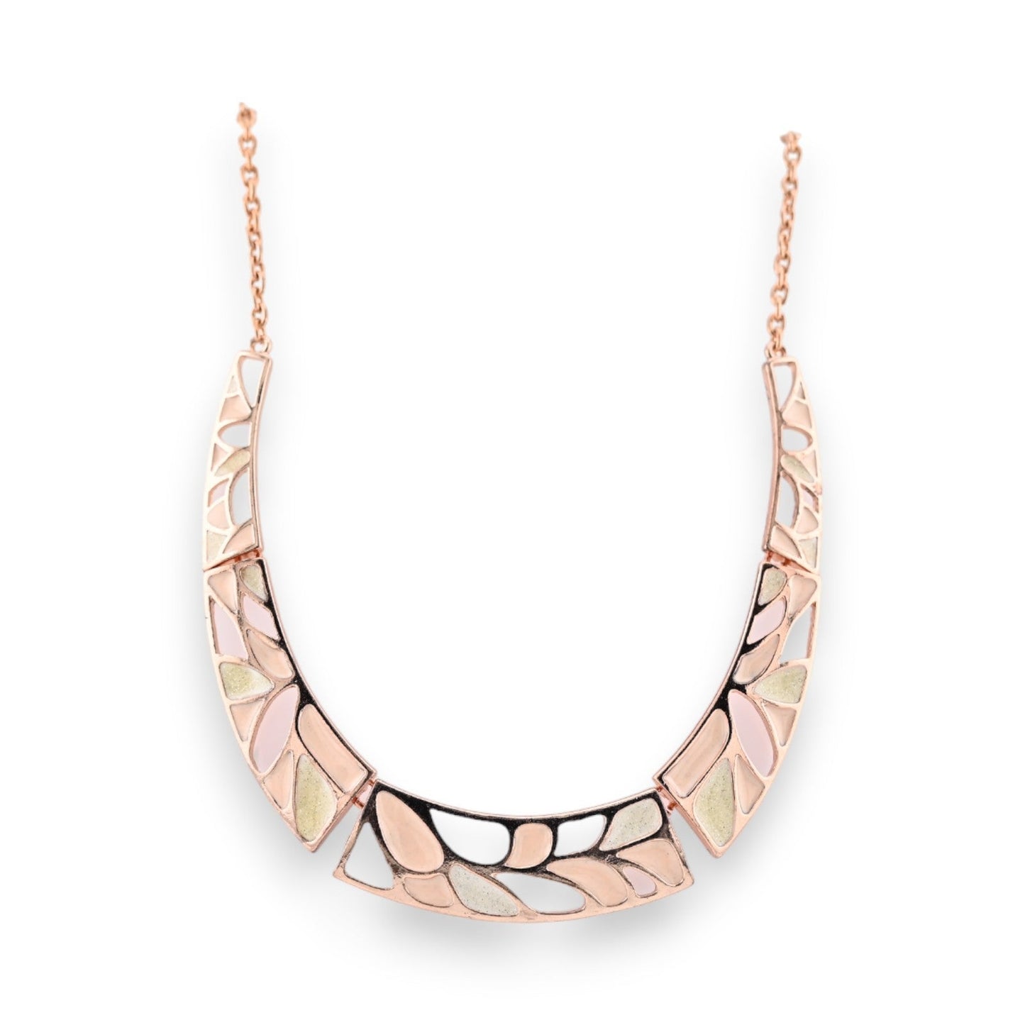 Elegante Halskette mit Mosaikdesign in Rosé-Kupfer, Halbmondform mit bunten Einlagen, an feiner Kette