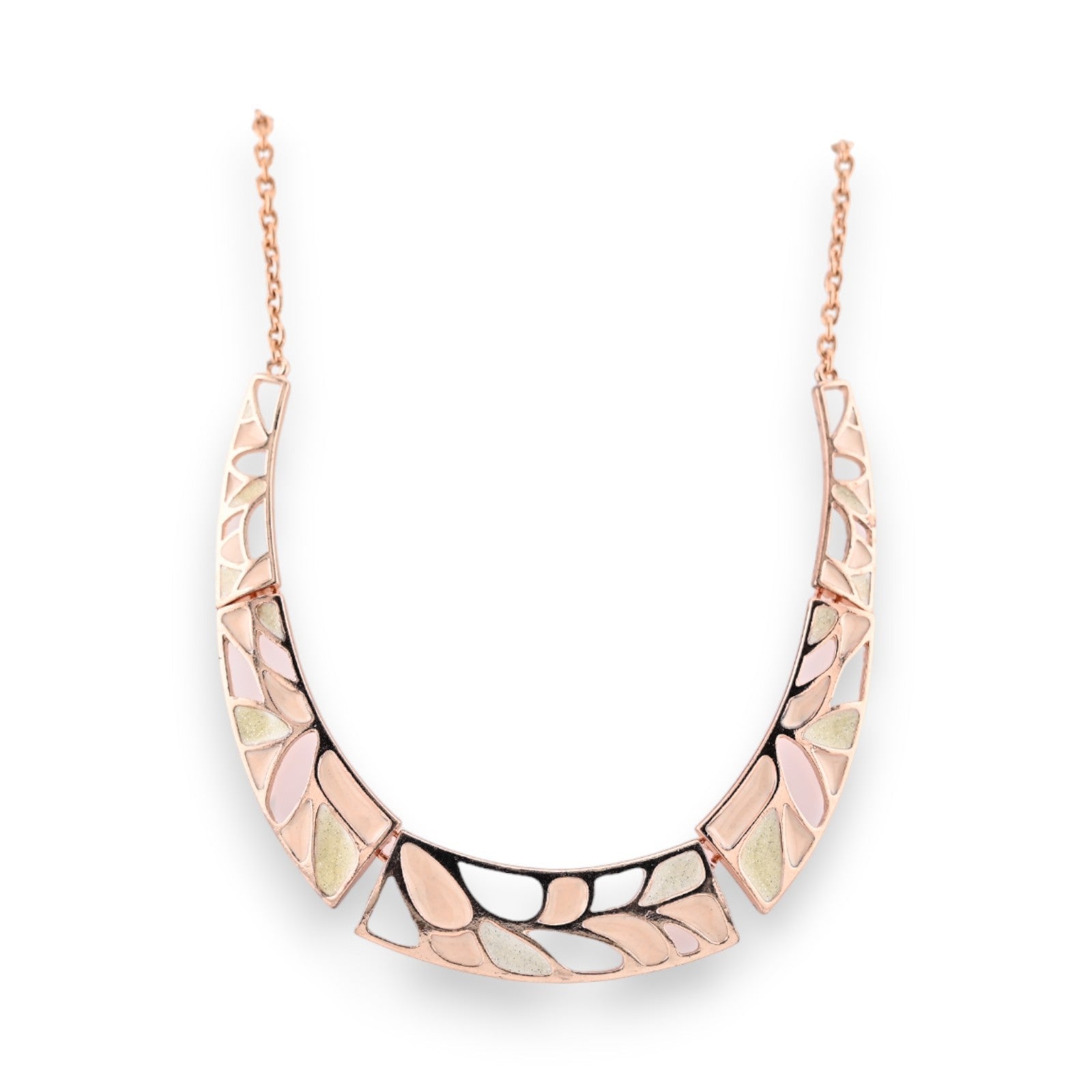 Elegante Halskette mit Mosaikdesign in Rosé-Kupfer, Halbmondform mit bunten Einlagen, an feiner Kette