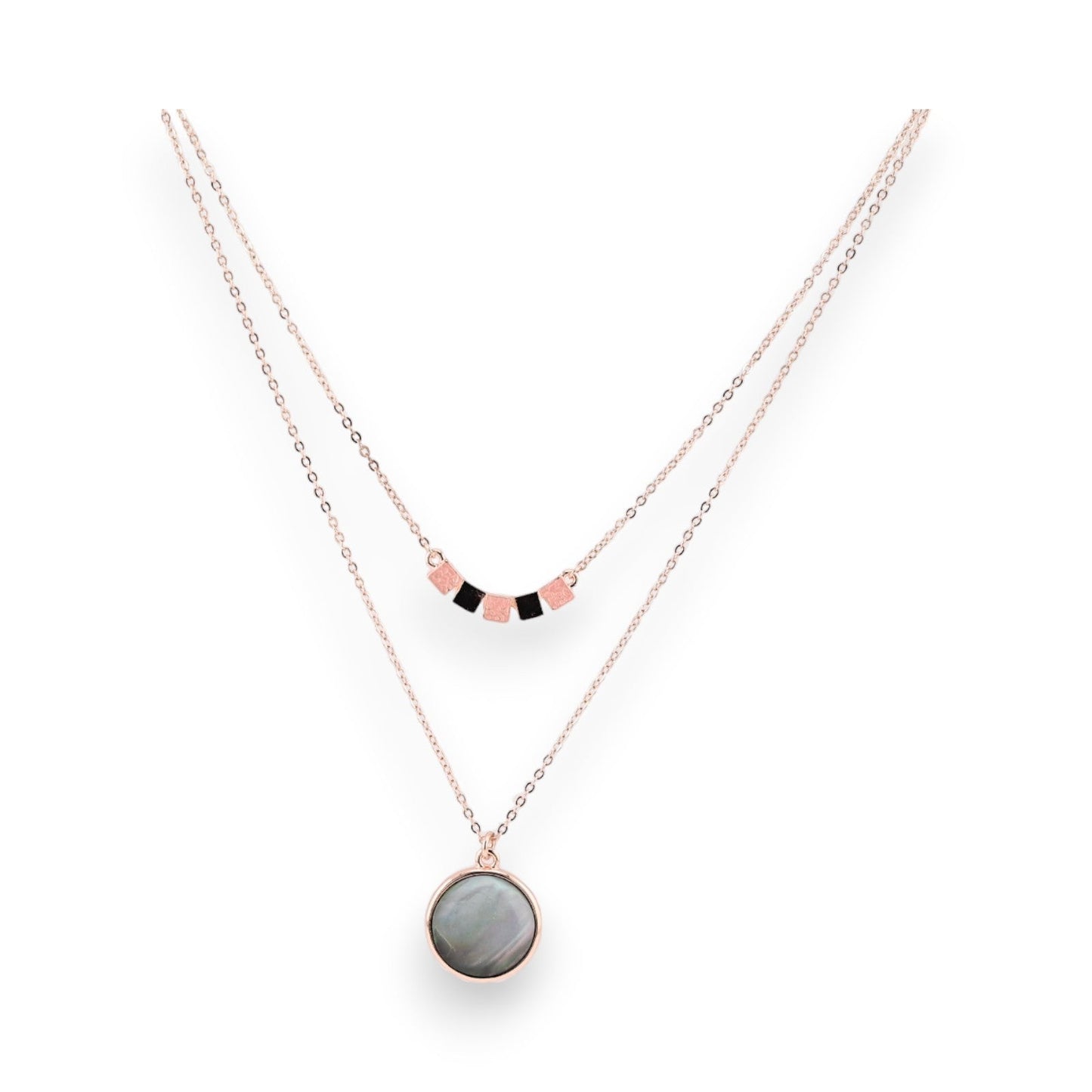 Doppelreihige Halskette mit Perlmutt-Anhänger und rosafarbenen Perlen, Kupferkette in Roségold, moderner Schmuck