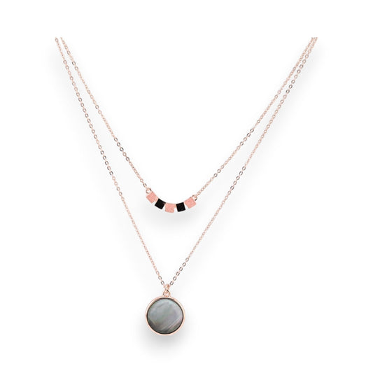 Doppelreihige Halskette mit Perlmutt-Anhänger und rosafarbenen Perlen, Kupferkette in Roségold, moderner Schmuck