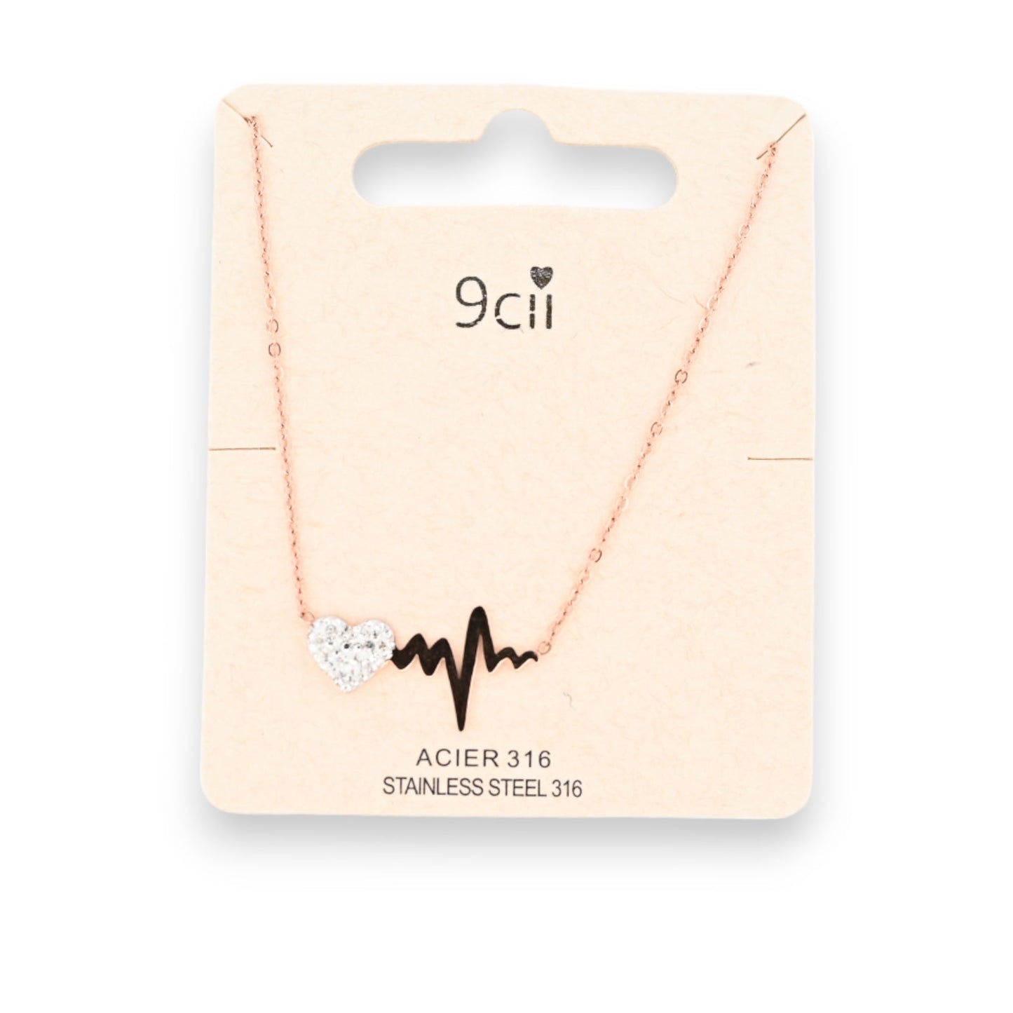 Roségoldfarbene Kupferstahl-Halskette mit Herzschlag-Strass