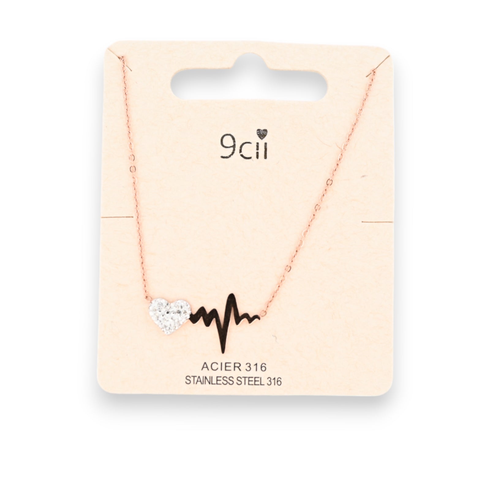 Roségoldfarbene Kupferstahl-Halskette mit Herzschlag-Strass