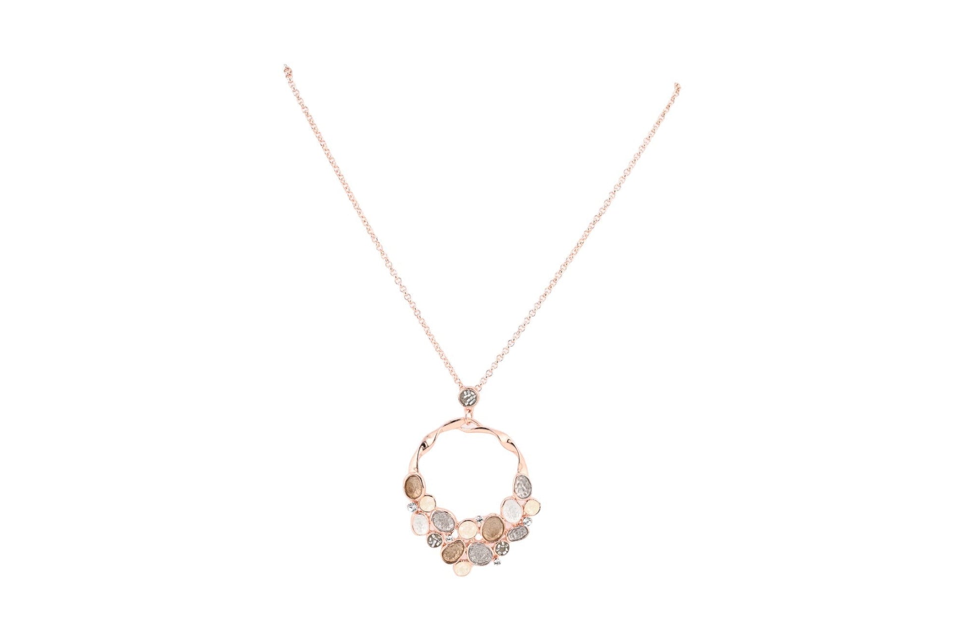 Elegante Halskette mit rosévergoldetem Anhänger, runde Form mit Wabenmuster aus verschiedenfarbigen Metallplättchen