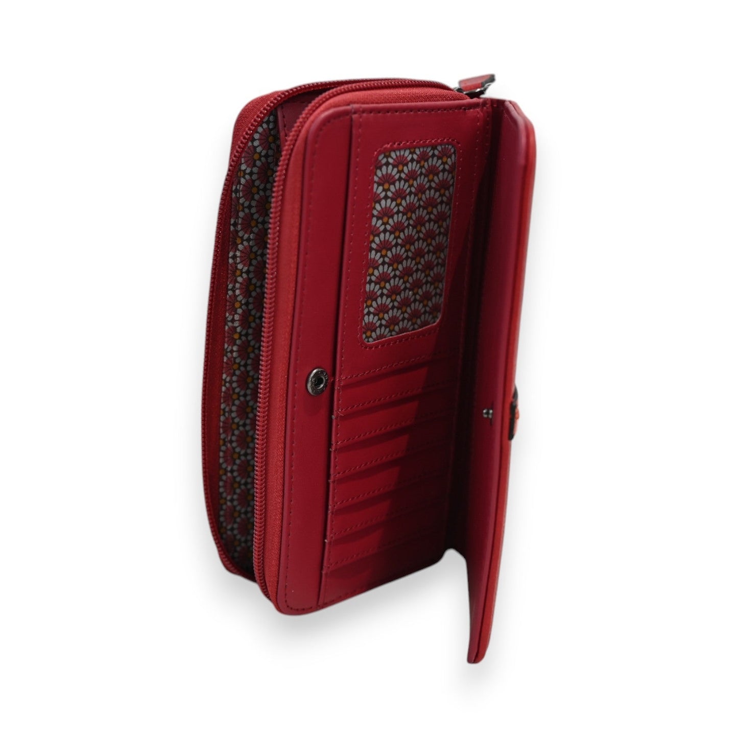 Elegante rote Leder-Geldbörse mit Reißverschluss, geometrischem Muster und mehreren Fächern von Mélanie Paris